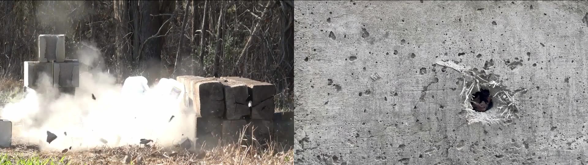 Side-by-side ballistic test comparing conventional concrete with Amidon Shield