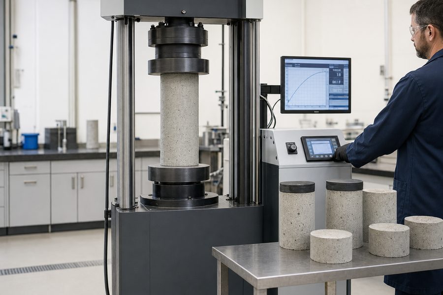 Concrete cylinder under load in a compression testing machine
