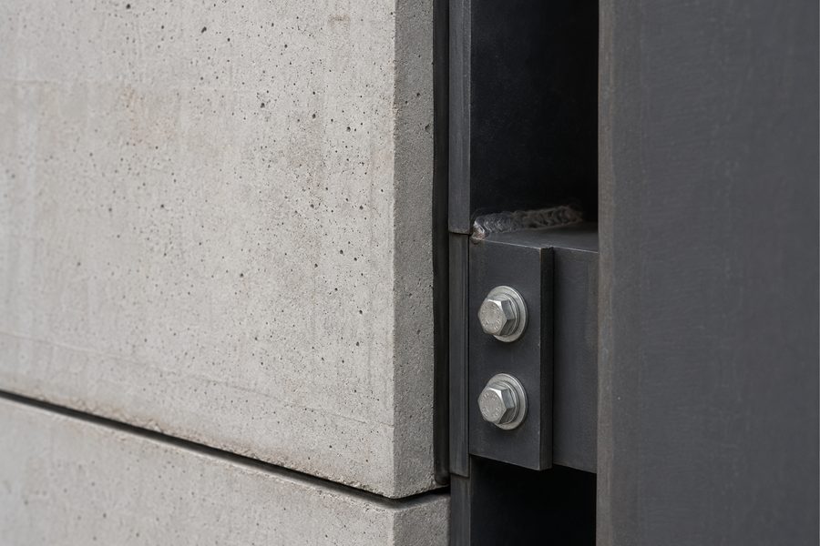 Detail of a hardened concrete panel meeting a steel frame connection