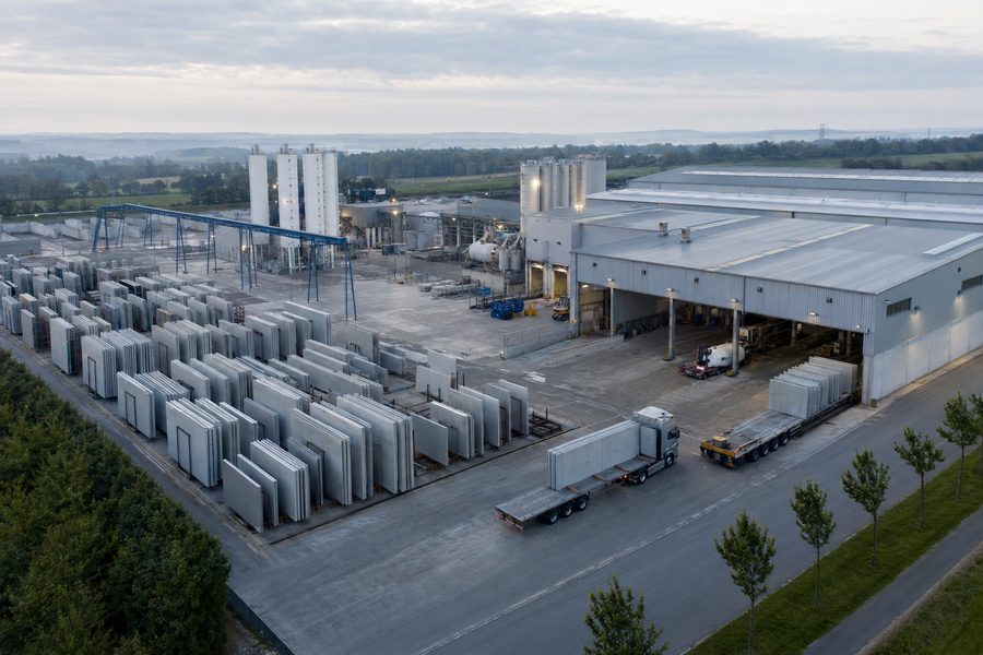 Aerial view of a precast plant stockyard at first light