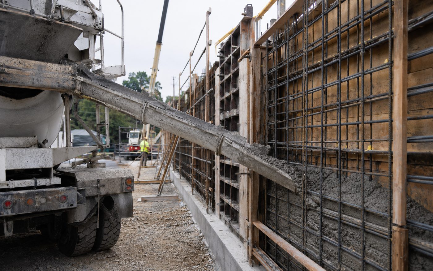 Ballistic concrete being poured into a reinforced wall form on site