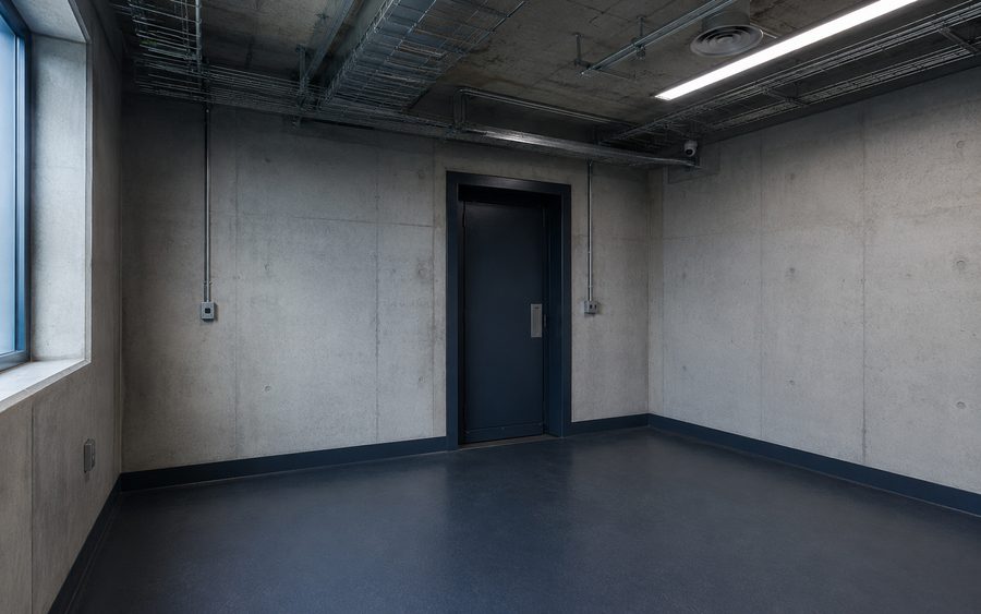 Interior of a hardened secure room with exposed concrete walls and a steel door