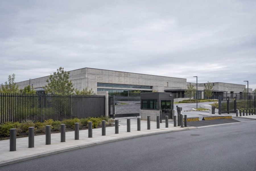 Secure government campus with controlled vehicle entry and bollards