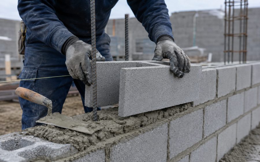 A mason laying Amidon ArmorBlock on fresh mortar, reinforcing bar in place