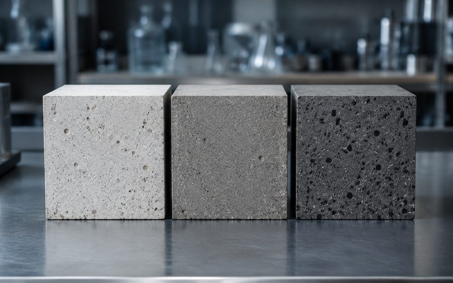 Three concrete samples side by side, from ordinary gray to carbon-rich CarbonCrete