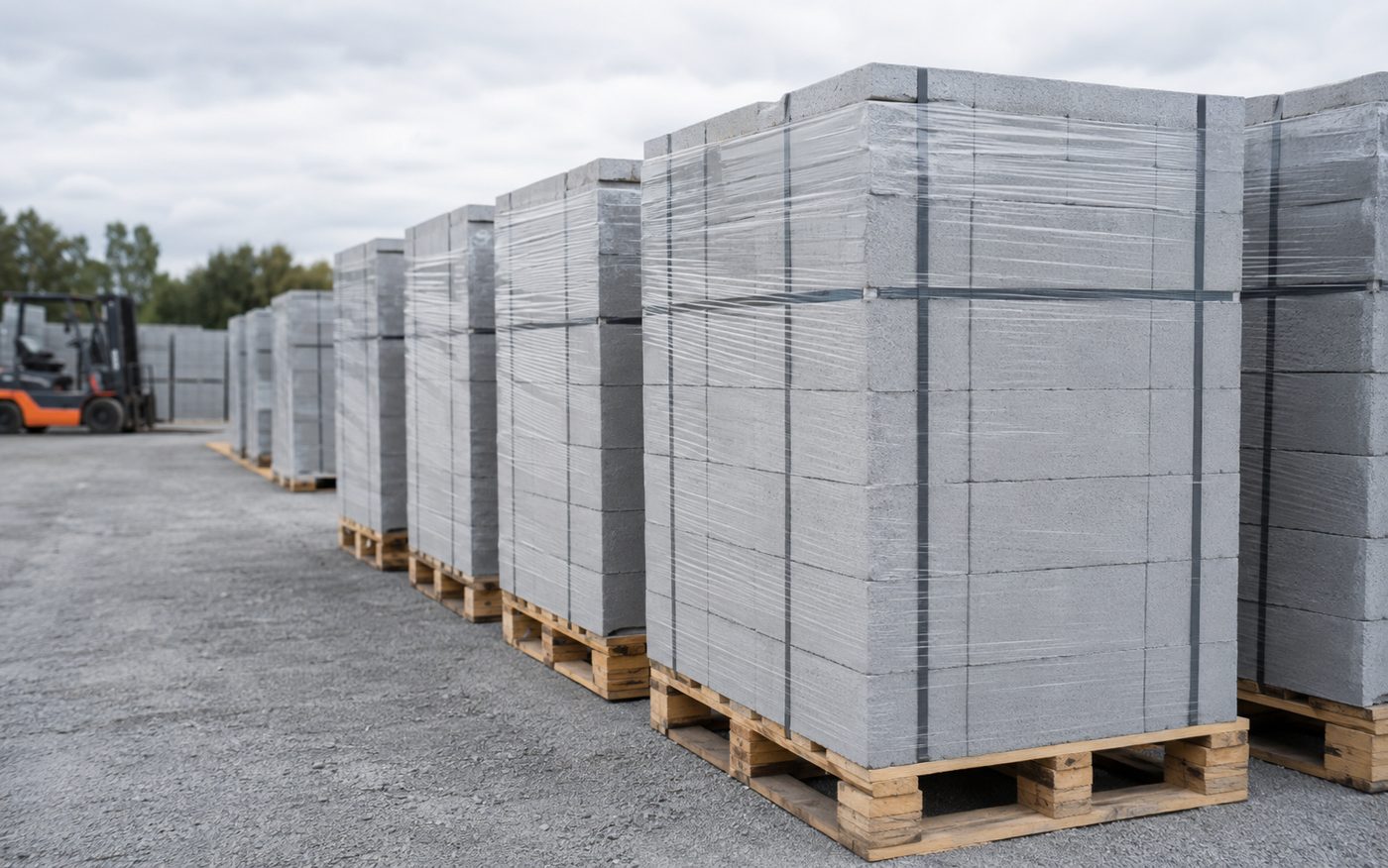 Pallets of Amidon ArmorBlock wrapped and banded in a contractor laydown yard